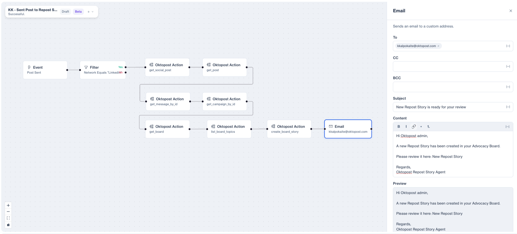 Completed Custom Agent flow for Repost Stories with email notification