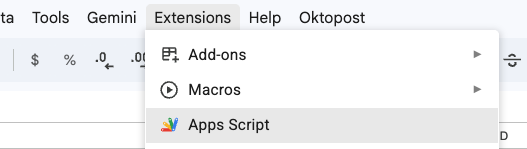 Apps Script menu in Google Sheets Extensions menu