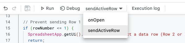 Apps Script function dropdown showing sendActiveRow