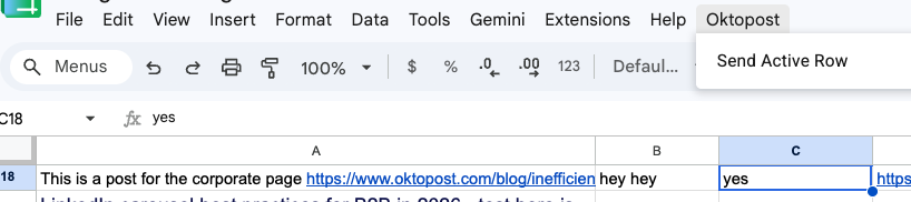 Google Sheets Oktopost menu with Send Active Row option