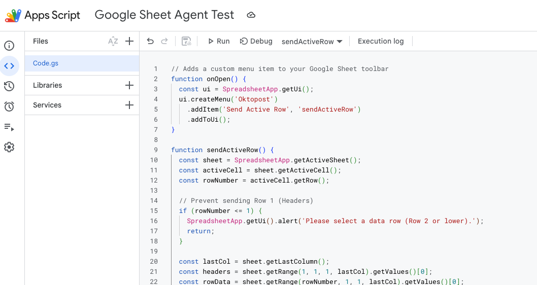 Apps Script editor with Oktopost script pasted