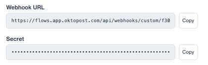 Oktopost Webhook node showing Webhook URL and Secret Key fields
