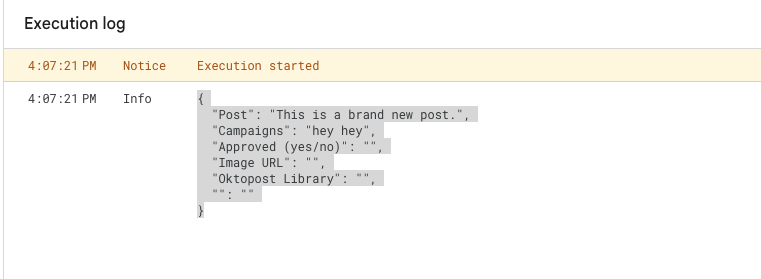 Apps Script execution log showing JSON payload output