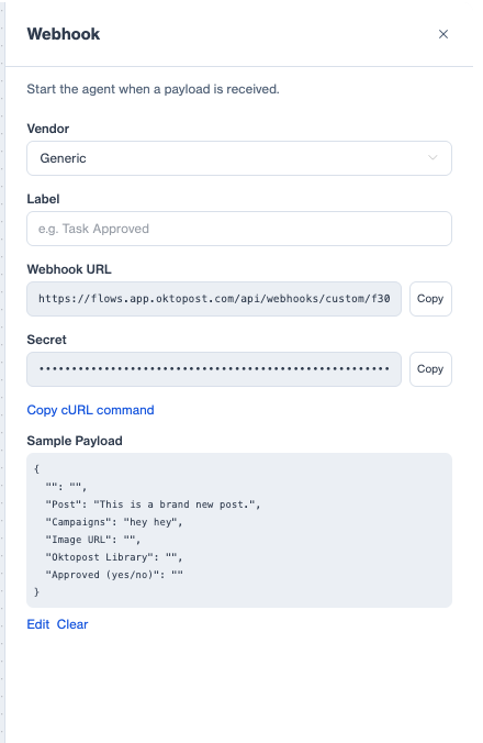Oktopost Webhook node Sample Payload field