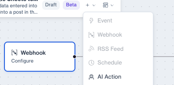 Agent builder showing AI Action node selection